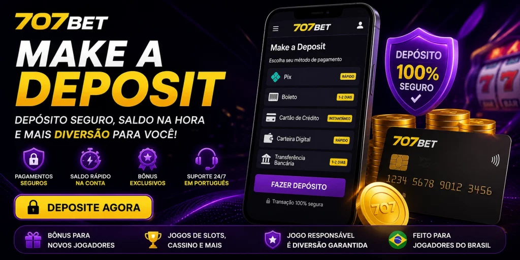 Banner da página Make a Deposit da 707bet com destaque para depósito seguro, saldo em conta e experiência de pagamento para jogadores brasileiros.