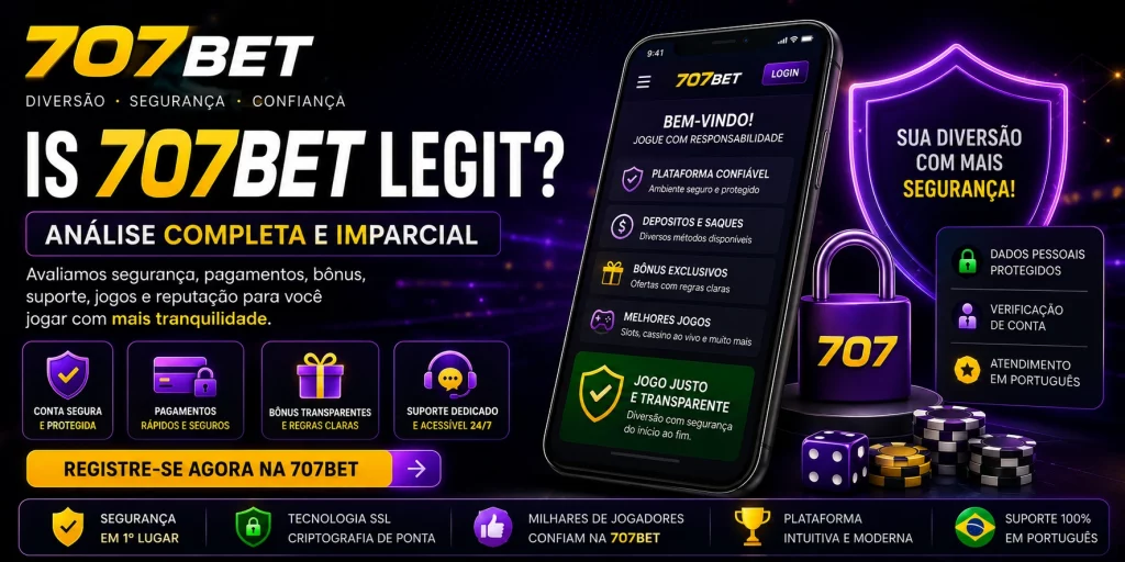 Banner da página Is 707bet Legit com smartphone, escudo de segurança, cadeado, fichas de cassino e elementos visuais sobre confiança, pagamentos, bônus e suporte para jogadores brasileiros.